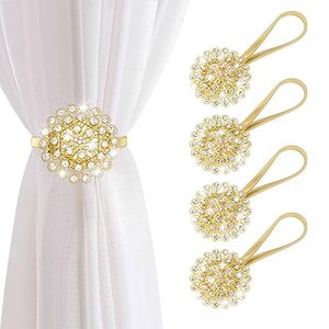 lot 2154 image: AULEEP Magnetic Curtain Tiebacks, 4 Pack Magnetic Crystal Decorative Drapes Curtain Clips Buckle, Flower Curtain Tie Back, European and American Style (Gold)