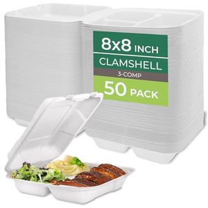 lot 5347 image: Freshware Clamshell Containers, 8 x 8 Inch, 3-Compartment, 50-Pack, White