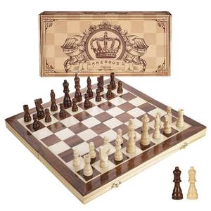 lot 5352 image: AMEROUS 15 Inches Magnetic Wooden Chess Set - 2 Extra Queens - Folding Board - Pieces Storage Slots, Handmade Portable Travel Chess Game - Beginner Chess Set for Kids, 6 up Age