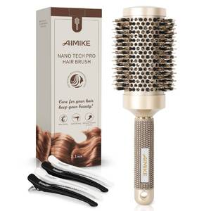lot 6329 image: AIMIKE Round Hair Brush, Nano Thermal Ceramic & Ionic Tech, 2.1 Inch Barrel with Boar Bristles for Enhanced Texture, Golden, Hair Drying, Styling, Curling and Shine  4 Free Clips