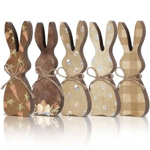lot 6336 image: Beeveer 5 Pcs Easter Bunny Wooden Signs Bunny Decor Rustic Tiered Tray Decor Rabbit Table Sign with Colorful Bows Freestanding Table Decorations for Easter Spring Party(Classic)