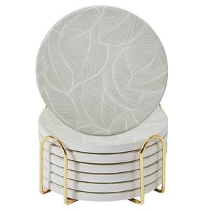 lot 6353 image: Ceramic Absorbent Coasters Set of 6 with Holder, Marble Drink Coasters for Coffee Table, Water Absorbing Coaster (Leaf)