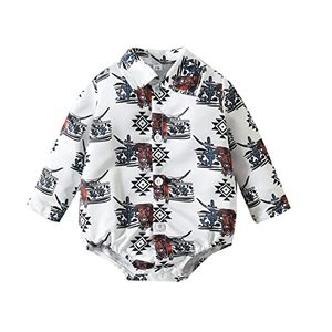 lot 6413 image: Kayotuas Western Baby Boy Clothes Cowboy Shirt Romper LongShort Sleeve Button Down Onesie Bodysuit Infant Gentleman Outfits (White Cow Print, 6-12 Months)