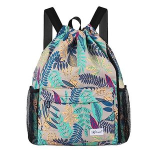lot 6425 image: Risefit Drawstring Backpack with Mesh Pockets String Gym Bag Sackpack Sandproof Water Resistant Beach Backpack for Men Women (Gray Leaves)