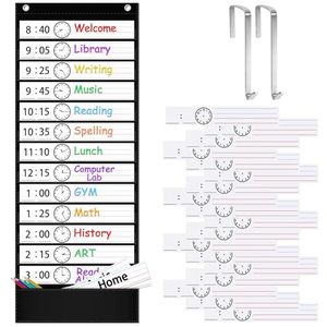 lot 6430 image: ZKOO Daily Schedule Pocket Chart, School Smart Pocket Chart with 18 Blank Double-Sided Reusable Cards, Teaching Scheduling Pocket Charts for Classroom 131 Pocket (Black)