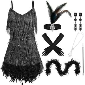 lot 6431 image: Floraltop 7 Pcs 1920s Flapper Accessories for Women Feather Boa V Neck Dress Earrings Headwear Gloves Necklace(XL,Black)