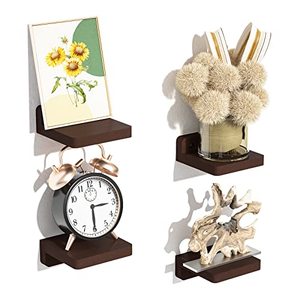 lot 6436 image: SRIWATANA Small Floating Shelves Wall Mounted, 4 Inch Wood Shelf for Decoration and Storage Set of 4, Mini Display Shelf for Bedroom, Bathroom, Kitchen, Office (Walnut)