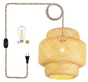 lot 7922 image: Plug in Pendant Light Rattan Hanging Lights with Plug in Cord Bamboo Hanging Lamp Dimmable,Handmade Woven Boho Wicker Basket Lamp Shade,Plug in Ceiling Light Fixture for Living Room Bedroom Kitchen