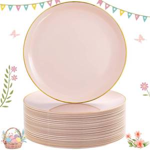 lot 7923 image: Nervure 100PCS Pink and Gold Plastic Plates - 10.25 inch Pink Disposable Plates with Gold Rim - Party Plate - Dinner Plate Ideal for Wedding & Party & Easter