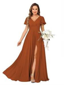 lot 7933 image: RUMUGUYA Burnt Orange Flutter Sleeve Bridesmaid Dresses with Pockets Empire Waist Pleated Long Chiffon Formal Dresses with Slit for Plus Size Women US26W