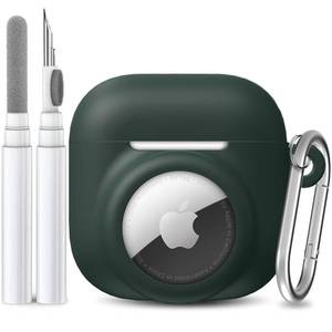 lot 8206 image: LDSXAY 2 in 1 Silicone Case Compatible with AirPod 4 and AirTag, Shockproof Protective Skin Cover for AirPods 4th Generation with Cleaner Kit & Carabiner (Dark Green)