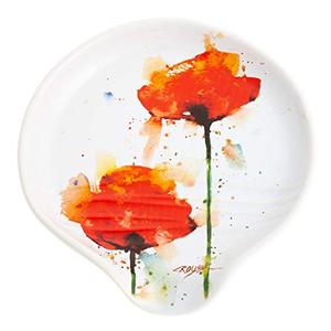 lot 8208 image: Dean Crouser Poppy Flower Floral Watercolor Red 5 x 5 Glossy Ceramic Stoneware Spoon Rest