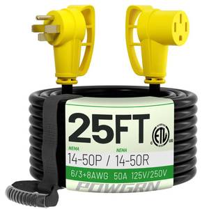 lot 11545 image: POWGRN 50 Amp RVEV Extension Cord 25 FT Outdoor with Grip Handle, Flexible Heavy Duty 6381 Gauge STW 4 Prong RV Power Cord Waterproof, NEMA 14-50P to 14-50R, Black-Yellow, ETL Listed - Retail $105.23