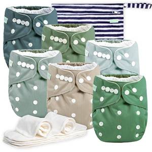 lot 11547 image: wegreeco Cloth Diapers 6 Pack with 6 Inserts & 1 Wet Bag, Washable Cloth Diapers for Babies, One Size Adjustable Reusable Diapers Baby (Morandi Green)