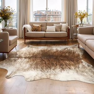 lot 11558 image: AROGAN Western Decor Faux Fur Cowhide Rug, 4.6 x 5.2 Feet Premium Animal Skin Cow Hide Rug, Sturdy Cow Print Rugs for Wall Decor, Western Floor Carpet for Bedroom Living Room, Brownish