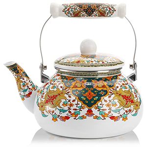 lot 11582 image: Lyellfe 2.6 Quart Enamel Tea Kettle Stovetop, Vintage Anti Rust Teapot Enameled Teakettle with Porcelain Cool Handle, Hot Water Kettle, Retro Decor, No Whistling