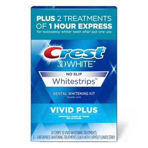 lot 12450 image: Crest 3DWhitestrips Vivid Plus Whitestrips 3D White, 10 Treatments  1 Hour Express 2 Treatments Teeth Whitening Kit, 8 Levels Whiter, Crest Teeth Whitening Strips