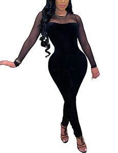 lot 12501 image: WOKANSE Womens Sexy Mesh Patchwork Jumpsuits See Through Velvet Jumpsuit One Piece Bodycon Club Outfits Black