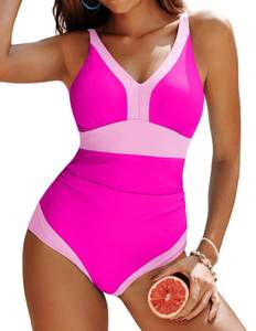 lot 12502 image: Curvy Swimsuits for Women Tummy Control Swimwear Sexy V Neck One Piece Swimsuits Color Block Traje De Ba�o para Mujer M