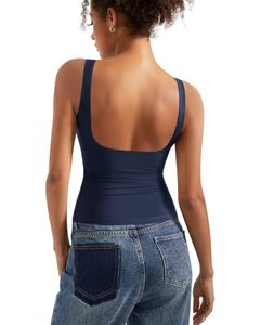 lot 12503 image: SUUKSESS Women Built in Bra Open Back Boat Neck Tank Tops Double Lined Backless Y2K Going Out Top Basic Shirt (Navy,L)