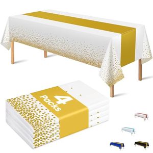 lot 12509 image: OHOME 4 Pack Disposable Plastic Table Cloths for Parties,White and Gold Rectangle Table Covers for Fall Wedding Bridal Shower Birthday  Baptism Friendsgiving First Communion Decorations 54 x 108