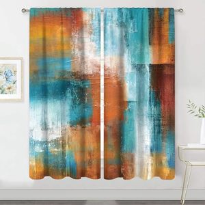 lot 12517 image: MESHELLY Brown Blue Abstract Curtains 42W x 63H Inch Rod Pocket Rust Burnt Orange Teal Art Painting Modern Contemporary Watercolor Cool Oil Print Vintage Living Room Bedroom Window Drapes 2 Panels