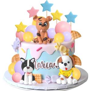 lot 12535 image: DRWATE Dog Cake Topper Clay Figurines - Puppy Star Yellow Pink Purple Ball Cake Topper for Dog Theme Birthday Party Paw Cute Pet Party Baby Shower Supplies (Style 01)