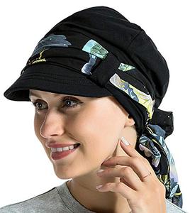 lot 12572 image: JarseHera Chemo Hats for Women Bamboo Cotton Lined Newsboy Caps with Scarf Double Loop Headwear for Cancer Hair Loss Black