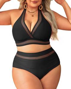 lot 12573 image: Tempt Me Women Plus Size Bikini High Waisted Swimsuits Mesh Tummy Control Two Piece Bathing Suit Black 14 Plus