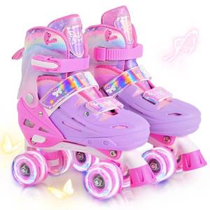 lot 15529 image: 2PM SPORTS Roller Skates Girls Agess 5-8 8-12 4-7 6-12 with Light Up Wheels, Outdoor Girls Rollerskates for Kids Beginner Agess 4-7 6-12 Size 10C 11C 12C 13C 1 2 3 4 5 6 Pink Butterfly
