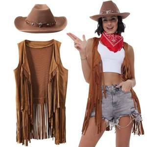 lot 15542 image: PARTTELY Western Cowgirl Outfits for Women, 70s Hippie Costume Cowgirl Tassels Fringe Vest, Cowboy Hat for Women, Bandana