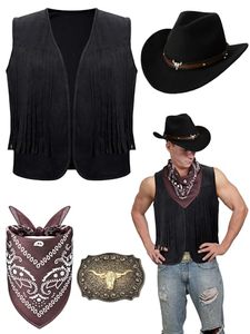 lot 15543 image: Toulite 4 Pcs Western Outfits for Men Cowboy Tassel Vest Hat Belt Buckle Paisley Bandana for Halloween Cosplay (Black,Black,Coffee,Medium)
