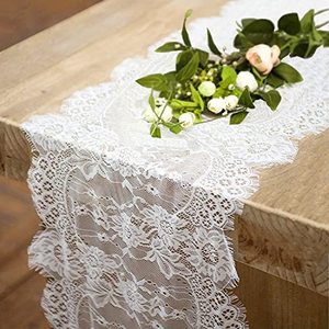lot 16029 image: 4 Pcs White Lace Table Runners 14 x 120 Inch for Wedding Bridal Shower Baby Shower Party Table Decoration, Rustic Rose Embroidered Boho Table Runner