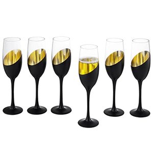 lot 16032 image: MyGift Modern Stemmed Champagne Flute Glasses Set of 6 with Matte Black and Gold Plated Design, Toasting Glass Party and Wedding Wine Glass, 8 oz