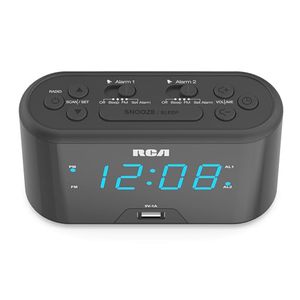 lot 16037 image: RCA RC571 Digital Alarm Clock Radio with Large Numbers and USB Charging, LED Display, Brightness Display, FM Radio with Presets, Dual Wake, Sleep Timer and Snooze Functions, Black