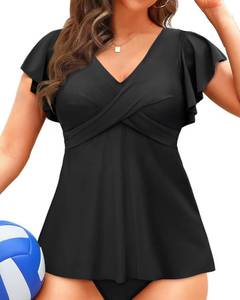 lot 16044 image: Aqua Eve Tankini Tops for Women Swimwear Ruffle Sleeve Swim Top Flowy Swimsuit Bathing Suit Top No Bottom Black L