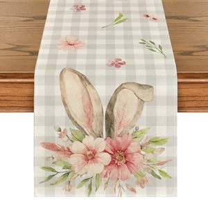 lot 16056 image: Artoid Mode Buffalo Plaid Bunny Rabbit Ears Flower Easter Table Runner, Spring Summer Seasonal Holiday Kitchen Dining Table Decoration for Indoor Outdoor Home Party Decor 13 x 60 Inch