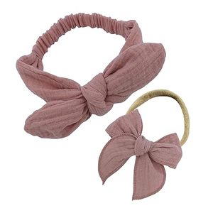 lot 16065 image: Sugarmelon Original Cotton Gauze Headband for Newborn Toddler Infant Baby Girl Kids Muslin Cotton Hair Bow Headbands Turban Elastic Hair Bands (2 pcs Dusty Pink)