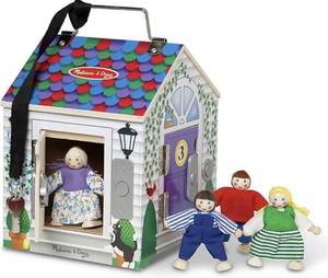 lot 1756 image: Melissa & Doug Take-Along Wooden Doorbell Dollhouse, Doorbell Sounds, Keys, 4 Poseable Wooden Dolls