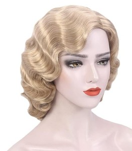lot 2014 image: REEWES Long 1920s Wig Finger Wave Wig 613 Curly Short Wig Vintage Wigs for Women Lady Synthetic Heat Resistant Full Wigs Cosplay Costume Fancy Dress With Wig Cap (Blonde)