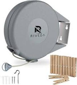 lot 12348 image: Riveda Retractable Clothesline 45ft Grey Space Saving Design