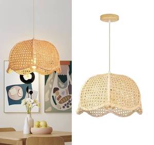 lot 1760 image: Rattan Pendant Light Fixture Kit with Wooden Base - New in Box