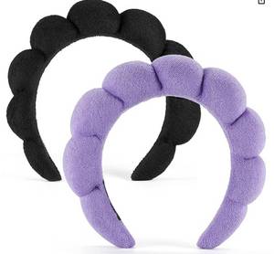 lot 2110 image: Terry Cloth Spa Headbands for Washing Face or Facial, Set of 2, Black & Purple