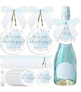 lot 6283 image: Baby Shower Party Favor Set - Blue Tulle Pouches with Pop the Bubbly Tags