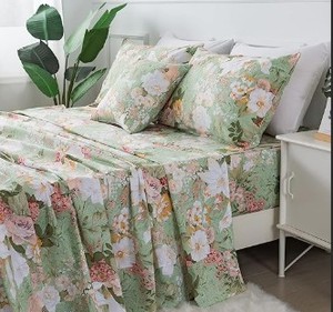 lot 11520 image: FADFAY Sheets Set King Floral Sheets 100% Cotton Elegant Farmhouse Bedding Mint Green Leaves and White Flower Printed Bed Sheet Soft Botanical Lily Pattern Deep Pocket Sheet 17.5 4 Pcs, King