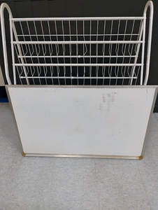 lot 942 image: White Metal 4-Tier Magazine or Book Display Rack with Storage Shelf. Also comes with white board. Board 24x37. Rack 38x33x13