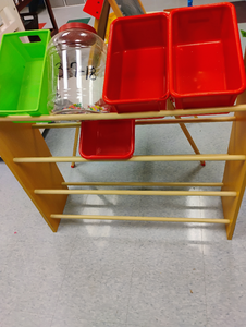lot 944 image: Wooden Storage Organizer with Plastic Bins