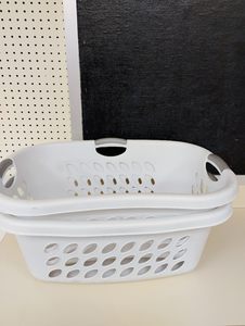 lot 1254 image: 2 White Plastic Laundry Baskets with Handles