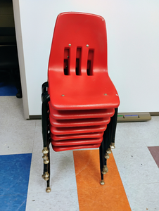 lot 916 image: Virco Red Plastic Stack Chairs with Black Frame - Set of 6