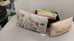 lot 1234 image: 2 Throw Pillows, Towels w Tote